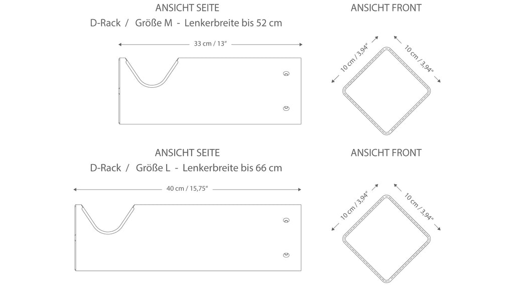 Skizze von Fahrrad Wandhalterung D-RACK mit genauen Maßen