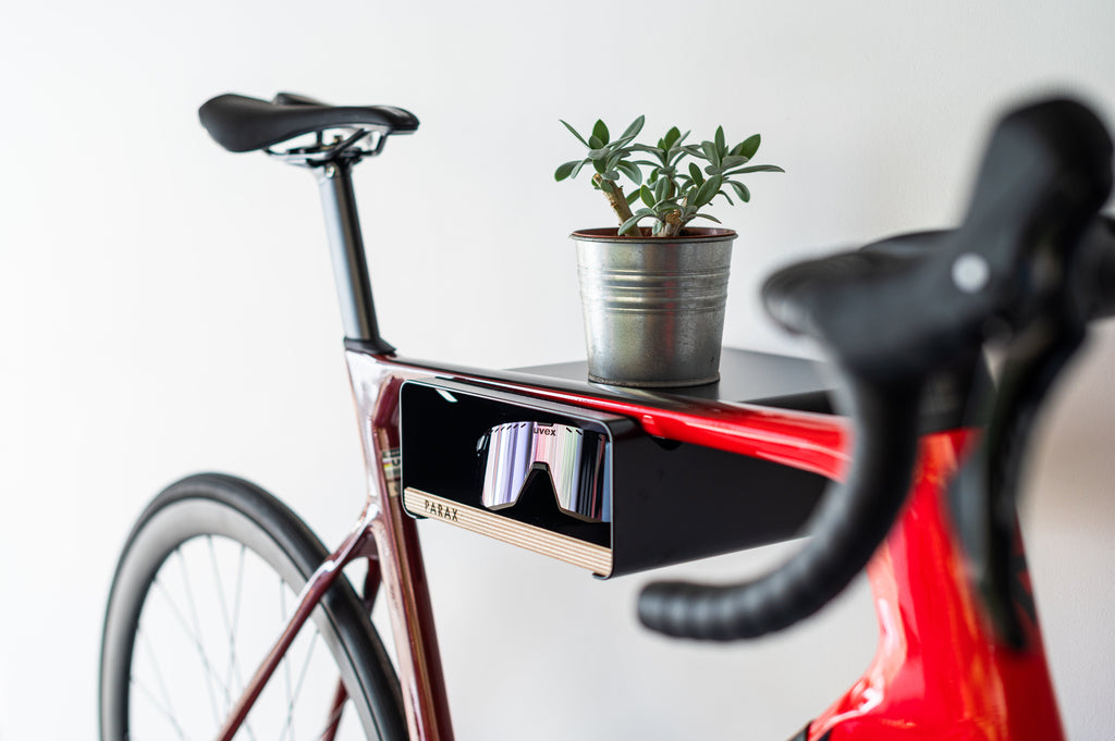 Schwarze Fahrrad-Halterung mit Blume und Sonnenbrille im Ablagefach
