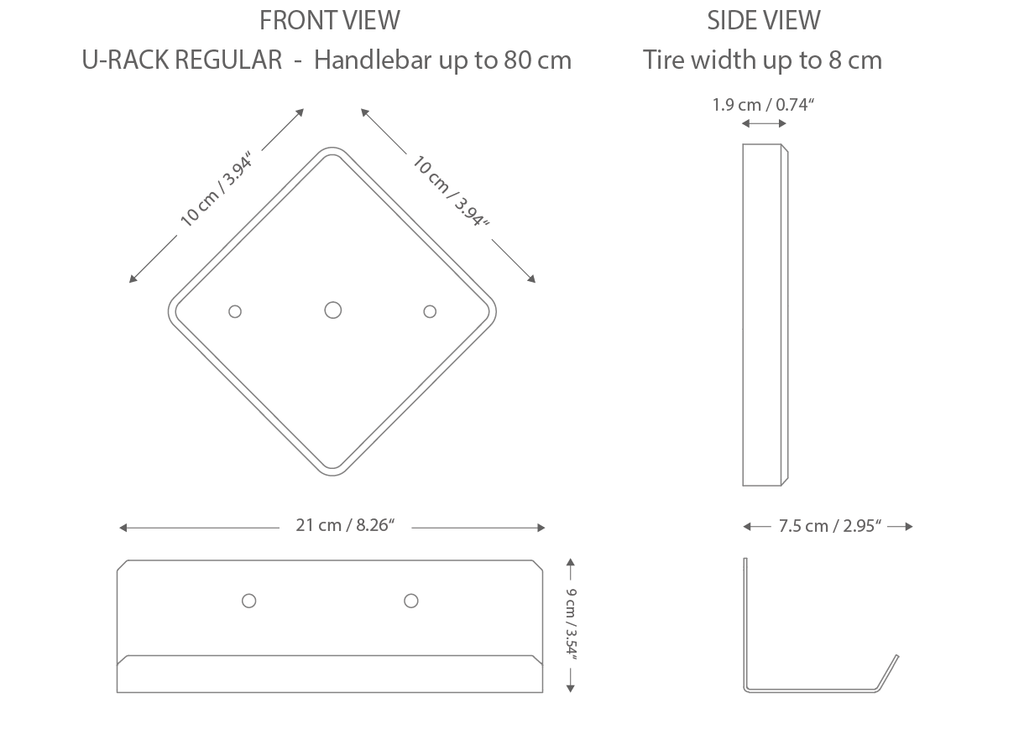 Skizzenzeichnung Dimensionen von Fahrrad Wandhalterung U-RACK Regular