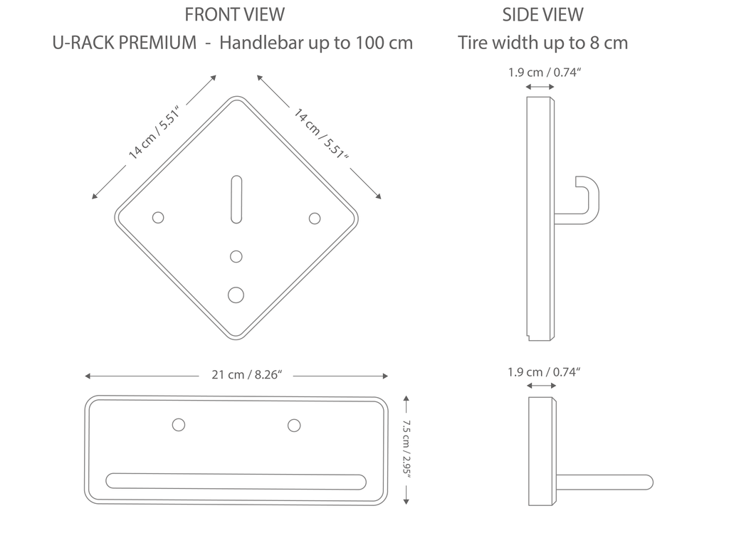 Sketch of bicycle wall mount U-RACK from PARAX with exact dimensions